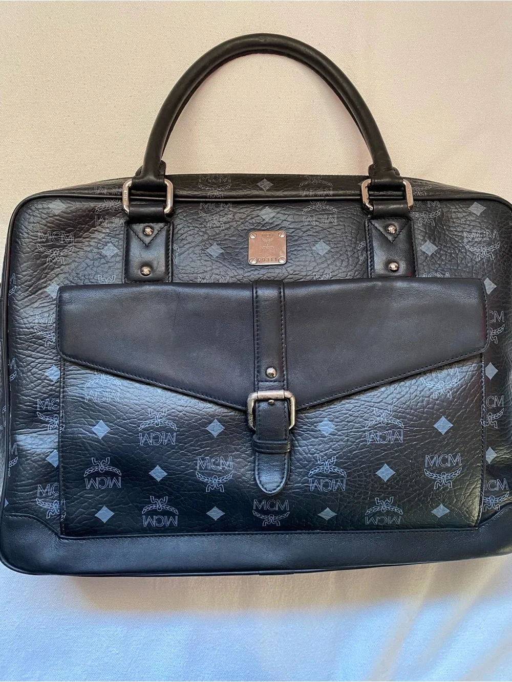 MCM Black Logo-Print Leather Briefcase with Front Flap Pocket